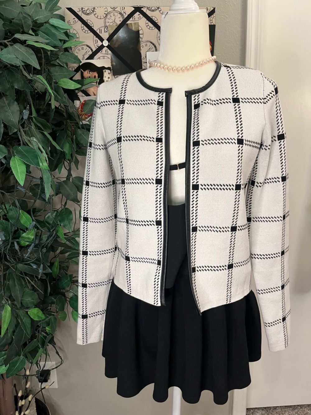 Ann Taylor Black and White Windowpane Collarless Jacket